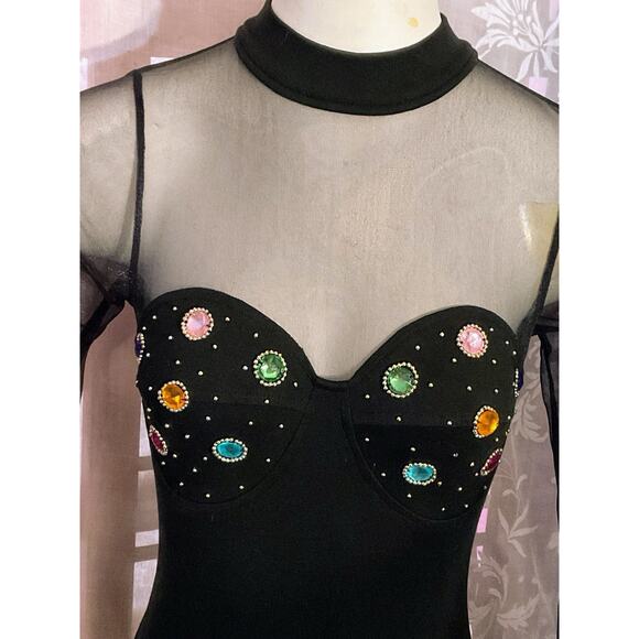 Vtg 90’s Black Sheer Crotch Snap Bodysuit Embellished Jewels Dance Stretch Med. - Picture 4 of 16
